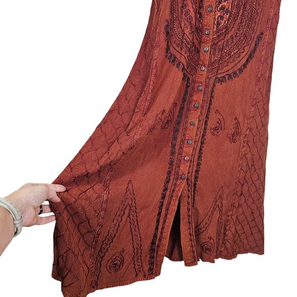 Bohemian Embroidered Maxi Dress OS Rust Button Front Tie Back Flowy Viscose - Picture 6 of 10